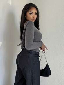 Alexandranx 1pc Women's Backless Minimalist Casual T-Shirt, Stylish For Everyday Christmas Clothes Women New Years Women Going Out Tops Women Backless Top New Years Top Going Out Top Party Top - Grey - View 5