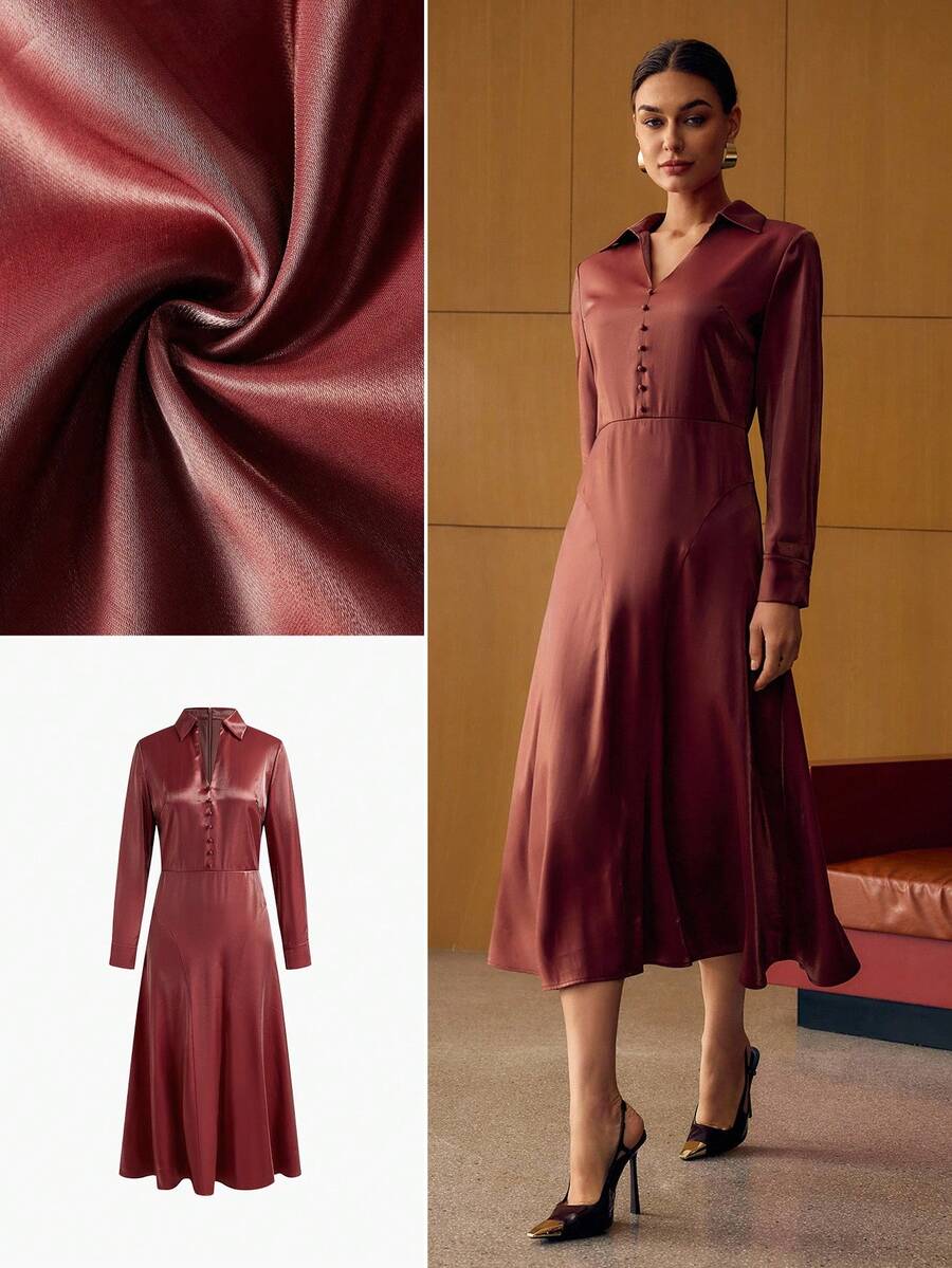 PREMIUM 修身拉链连衣裙 - 紅木色 - 查看 1