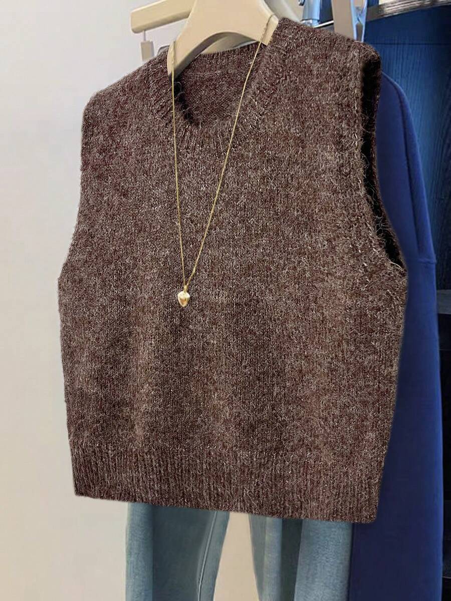 GlowEve Chaleco de punto casual de cuello redondo de unicolor para mujer, otoño/invierno