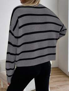 SHEIN LUNE Casual Round Neck Black & White Striped Pullover Sweater, College Style - Grey - View 2