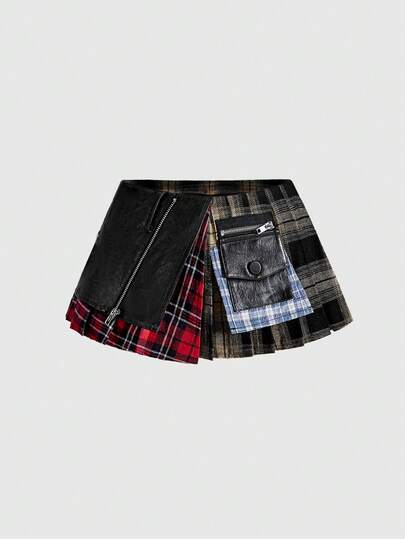 Grunge Punk Women's Asymmetric Hem Plaid Patchwork Skirt