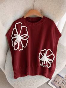 CosyJoli Plus Size Women 3D Floral Pattern Knit Sweater, Casual For Autumn - Rust Brown - View 3