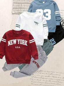 SHEIN 6件套婴儿/幼儿男童字母、数字和条纹印花长袖圆领卫衣和运动裤套装，婴儿连帽卫衣和裤子，婴儿/幼儿男童运动服套装，男婴服装套装，18个月-24个月，3T男童套装，男童运动服套装，秋季 - 彩色 - 查看 1