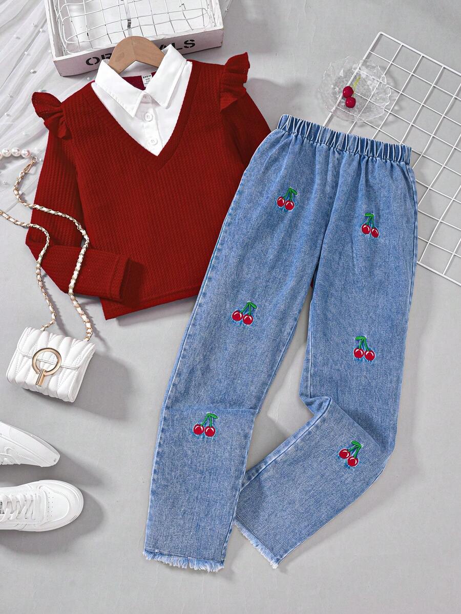 2 件套 Tween 女童樱桃刺绣牛仔裤搭配假日撞色二合一上衣，适合秋冬、假日、夏季、旅行的休闲装 - 酒紅色 - 查看 1