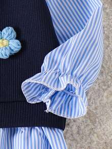 SHEIN 女童甜美可爱碎花条纹拼接长袖上衣和牛仔裤T恤套装 - 藍色 - 查看 8