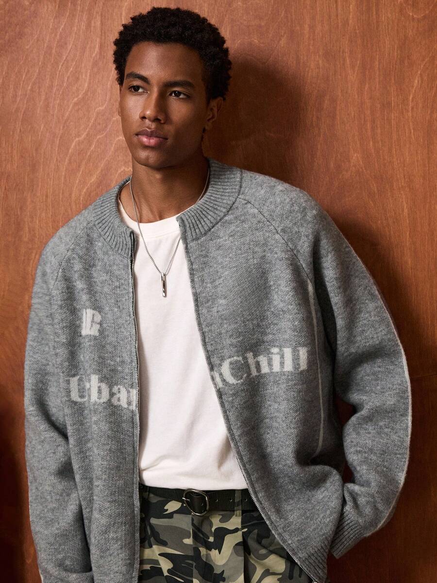 SWAVVY Áo khoác cardigan họa tiết chữ thường ngày cho nam, Thu/Đông - Xám - Xem 1