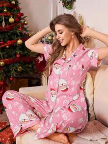 SHEIN 粉色郁金香印花翻领短袖睡衣套装（女款） - 彩色 - 查看 4