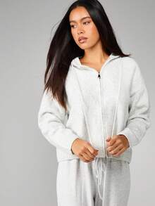 MISSGUIDED 女士羊绒质感拉链连帽开衫针织毛衣，适合秋冬季叠穿 - 淺灰色 - 查看 1