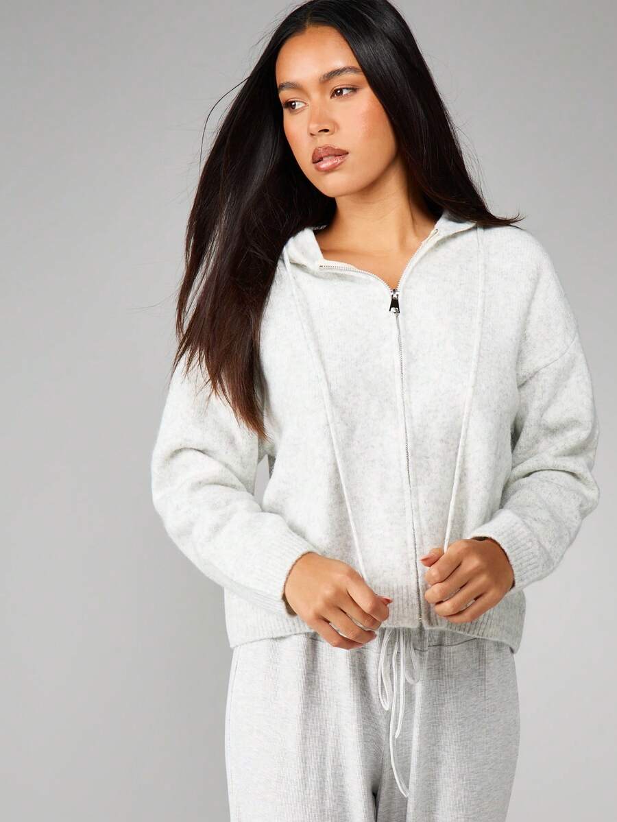 MISSGUIDED 女士羊绒质感拉链连帽开衫针织毛衣，适合秋冬季叠穿 - 淺灰色 - 查看 1