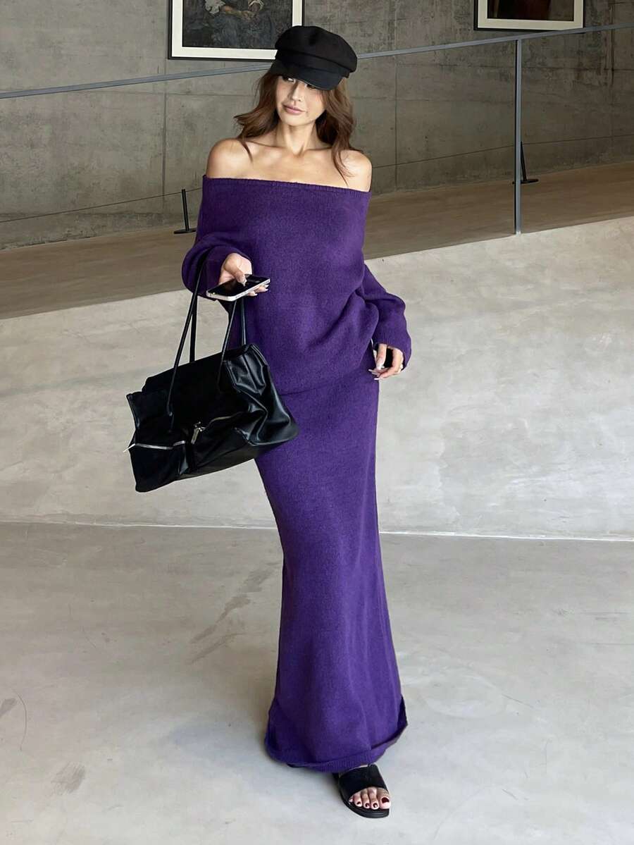 DAZY 1 套女士露肩紫色优雅长袖毛衣和高腰裙，秋冬两件套服装 - 紫色 - 查看 1