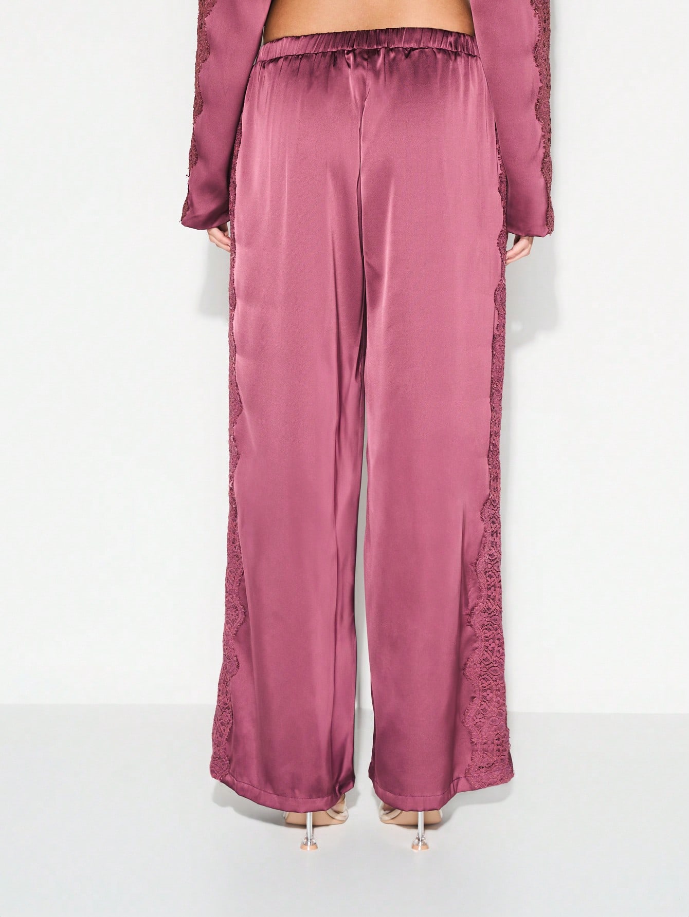 KIZN Satin Wide Leg Pants With Lace Trim