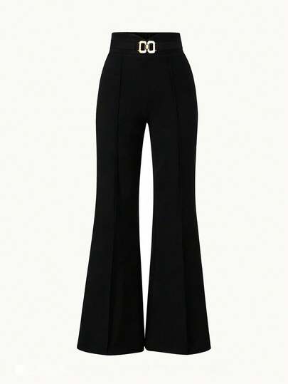 Franclia Women's Casual High Waist Black Solid Color Flare Pants With Gold Decoration, Versatile Autumn Pants
