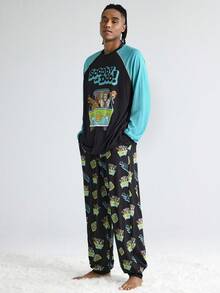 SCOOBY-DOO X SHEIN Men's Cartoon Pattern Contrast Color Raglan Sleeve Top And Pants Pajama Set, Autumn, Fall & Winter Clothes - Black - View 4