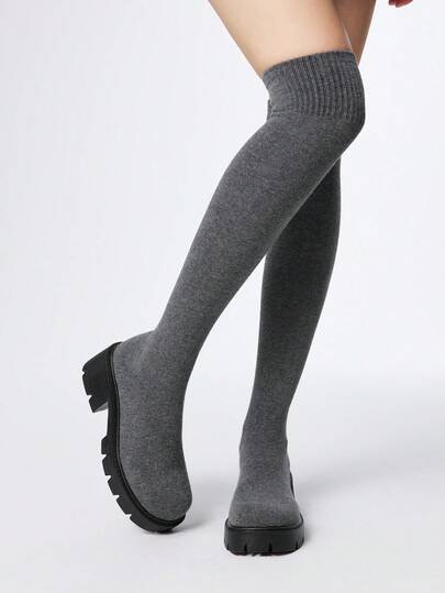 Stivali da donna in stile dark rock punk goth, con elastico, stivali al ginocchio con suola platform e spessa