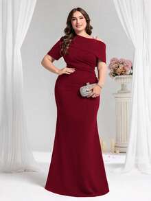 Coutiva Plus Size Women Rhinestone Decor Ruched Oblique Shoulder Short Sleeve Formal Evening Gown - Redwood - View 1