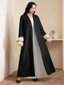 Veilorie Áo Abaya kín đáo dành cho nữ với viền lông thú, váy mùa đông cho nữ, áo Abaya Dubai, áo Abaya đen sang trọng cho nữ, váy xòe bồng bềnh cho nữ mùa đông. - màu đen - Xem 3
