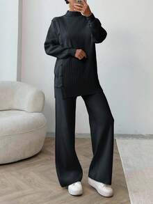 EURMUSE Women Solid Color Button Detailed Mock Neck Drop Shoulder Pullover & Sweater Pants Set,Petite,Winter Clothes - Dark Grey - View 6