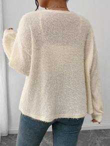 Lounesse Plus Size Women Solid Color Knit French Fuzzy Sweater, Bow Tie Front Design, Suitable For Casual, Home, And School Wear, Autumn/Winter - Apricot - View 2