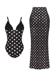 Swim Oasis Bộ 2 món áo khoác ngoài bikini in chấm bi thời trang đính hạt, thiết kế cao cấp, váy chống nắng bán chạy nhất cho bãi biển, áo tắm liền thân chấm bi mùa hè, áo tắm có váy, áo tắm vintage cho nữ, áo tắm chấm bi. - Đen và trắng - Xem 3