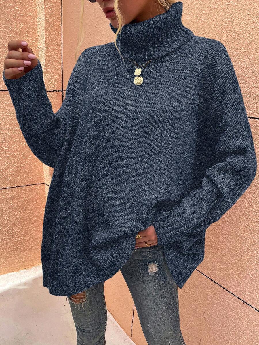 Chiquease 女士休闲高领纯色落肩宽松毛衣秋冬新年衣服 - 藏蓝色 - 查看 1