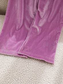 Elladie kids 少女甜美可爱休闲纯色长袖圆领上衣搭配简约长裤，紫色T恤套装 - 紫色 - 查看 5