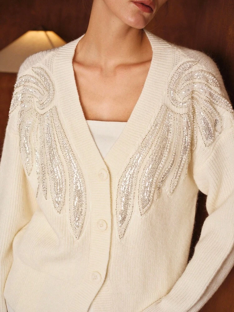 WOMEN'S V-NECK LONG SLEEVE BEADED KNIT CARDIGAN, AUTUMN/WINTER