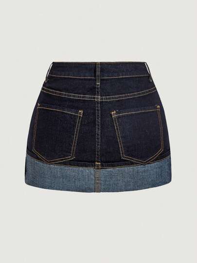 SHEIN MOD Minifalda de mezclilla casual de mujer con bloqueo de color lavado y parches