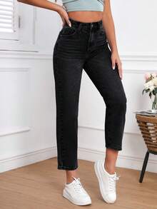 Casual Washed High Waist Tapered Jeans Black - Black - View 3