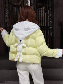 Sweetina 女士卫衣，奶油黄，背面有可爱的熊图案，甜美的Y2K风格，带熊耳朵，柔软舒适 - 黃色 - 查看 1