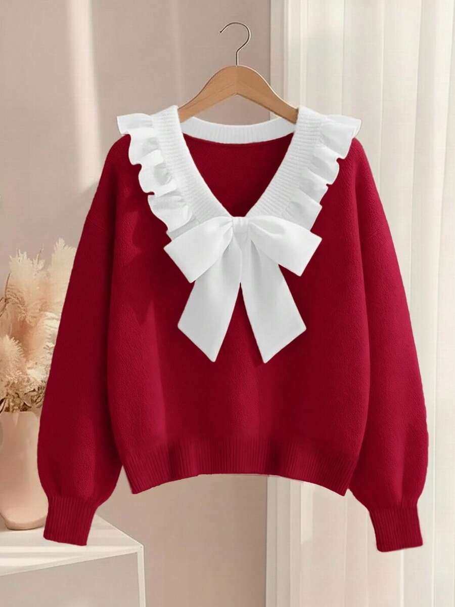 GlowEve CURVE Plus Size Elegant V-Neck Ruffle Bow Long Sleeve Pullover Sweater - Red - View 1