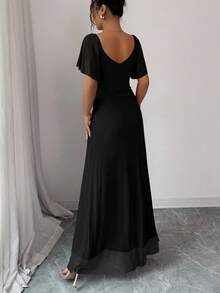 Elenzga 女士浅紫色 V 领荷叶边袖褶皱腰开叉连衣裙，优雅伴娘礼服，派对礼服，春夏 - 黑色 - 查看 2