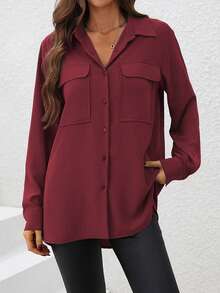 SHEIN LUNE 女士纯色单排扣工装口袋休闲长袖衬衫 - 酒紅色 - 查看 6