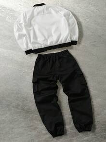 Manfinity Roghcode 男士撞色拉链棒球领夹克和工装裤休闲套装 男士科技风两件套 街头宽松裤配夹克 男士工装套装 Y2K 运动服 - 白色 - 查看 2