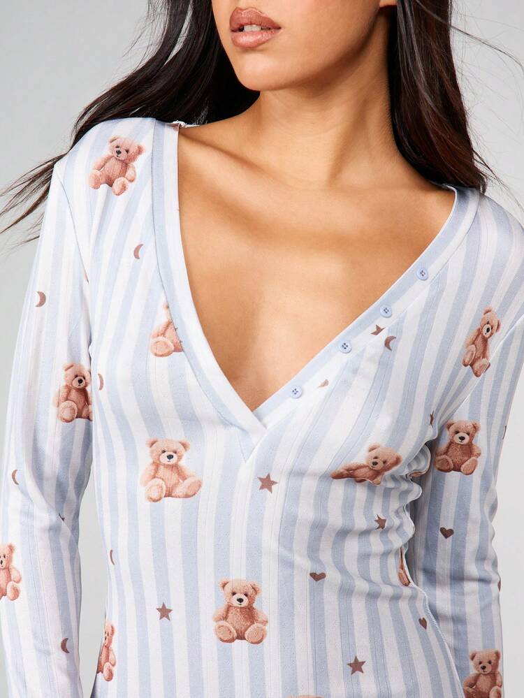 MISSGUIDED Christmas Teddy Bear Print Striped Long Sleeve V-Neck Romper For Women Cute Pajama Sleepwear Loungewear