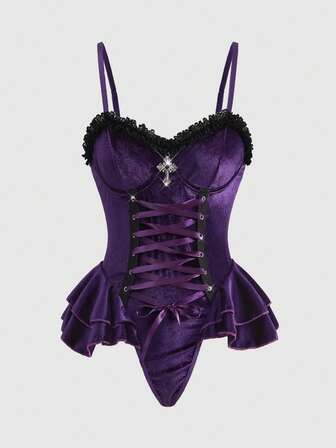 Goth Tuta in velluto stile gotico con lacci e stecche in acciaio