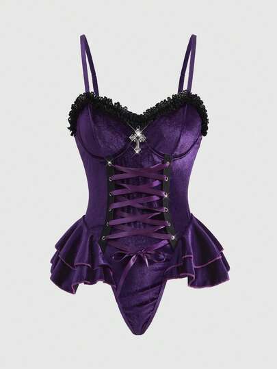 Goth Tuta in velluto stile gotico con lacci e stecche in acciaio