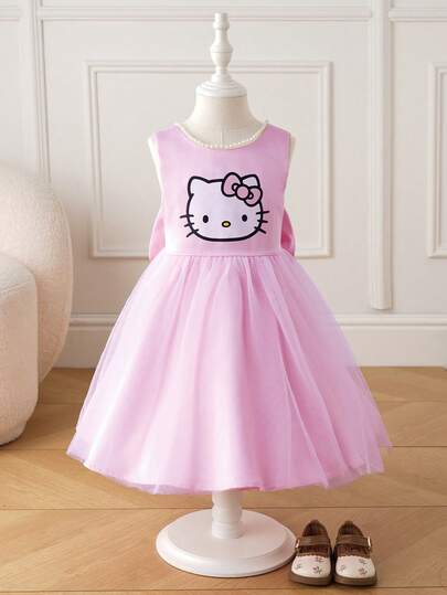 HELLO KITTY AND FRIENDS | SHEIN Rochie roz cu plasă contrastantă, drăguță și cu imprimeu de pisică, cu perle artificiale și lanț, decolteu rotund, spate fără fundă, potrivită pentru petreceri și întâlniri