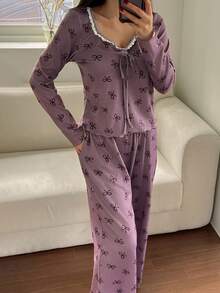 DAZY Lace Patchwork Bow Print Ruched Wave Hem Top & Pants Pajama Set, Sweet, Fall & Winter Clothes - Pink - View 3
