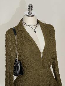 SHEIN ICON Plus Size Black Shirt Collar Bell Sleeve Knit Dress, Punk, Music Festival Outfit - Army Green - View 7