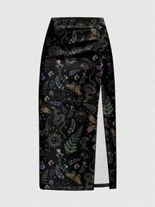 ROMWE Gothic Lãng mạn Tối Halloween Bí ẩn Rừng Cây Bướm Đêm Bướm Mặt trời Mặt trăng Sao Rắn Mặt trời Mặt trăng Sao Nấm Hoa Váy nữ - màu đen - Xem 1