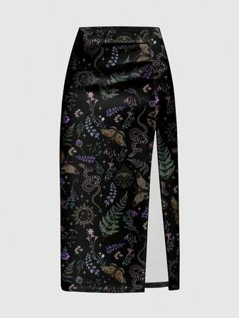 Goth Gotisch romantischer, dunkler Halloween mysteriöser Wald Pflanzen Motte Schmetterling Sonne Mond Stern Schlange Sonne Mond Stern Pilz Blume Damen Rock