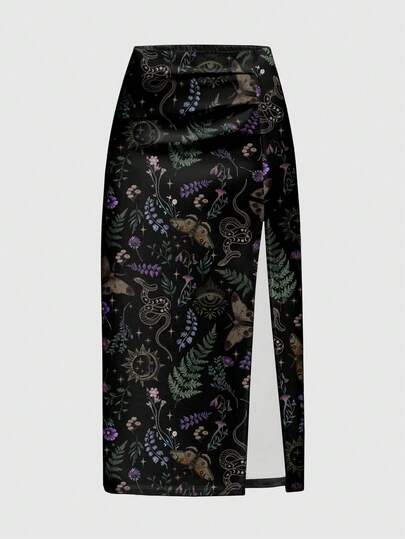Gothic Romantic Dark Halloween Mysterious Forest Plant Moth Butterfly Sun Moon Star Snake Sun Moon Star Mushroom Flower Women Skirt