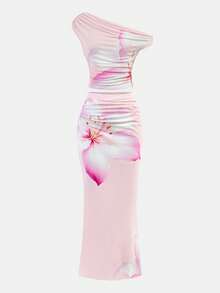 少女碎花不对称褶皱修身半身裙两件套，休闲百搭，适合夏季、度假、情人节穿着。 - 粉色 - 查看 6