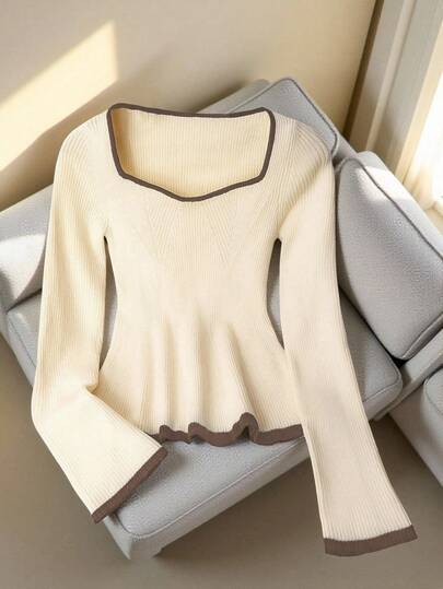 Franclia French Elegant Square Neck Stretchy Fitted Long Sleeve Knit Sweater, Contrast Trim Colorblock Cute Peplum Pullover For Autumn Back To School, Daily Wear