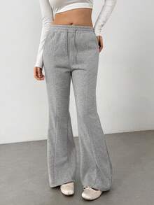 Flirla Casual Solid Color Drawstring Waist Flared Fleece Sweatpants, Autumn/Winter - Grey - View 4