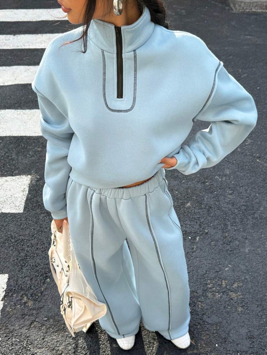 SHEIN Explorewe Streecool 青少年女孩秋冬时尚休闲简约拉链领长袖连帽衫和宽松阔腿裤 2 件套 - 藍色 - 查看 1