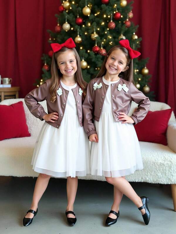 SHEIN Conjunto de 2 piezas elegante para niñas preadolescentes con chaqueta de parches de piel sintética y organza con volantes y vestido con superposición de malla