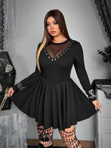 Whyspr Grunge Punk Spring, Fall, Winter New Dark Style Sexy Mesh Patchwork Design Eyelet Sheer Long Sleeve Round Neck T-Shirt Bodycon Slim Fit Mini Dress For Women - Black - View 4