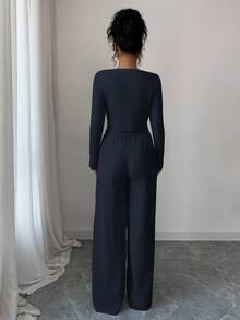 Modelyn Women's Solid Color Long Sleeve Single-Breasted Cropped Knit Cardigan And Knit Pants Elegant 2 Pieces Set, Autumn/Winter - Royal Blue - View 2