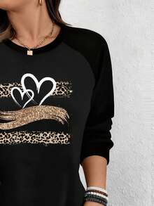 EMERY ROSE Sudadera de cuello redondo de manga larga, de talla grande, con estampado vintage clásico de leopardo y corazón, de estilo minimalista casual, para otoño/invierno - Multicolor - Ver 5